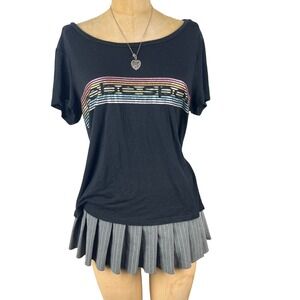 Retro‎ Bebe Sport T-Shirt Rainbow Glitter Logo Mesh Shoulder Sz L 2000's Y2k